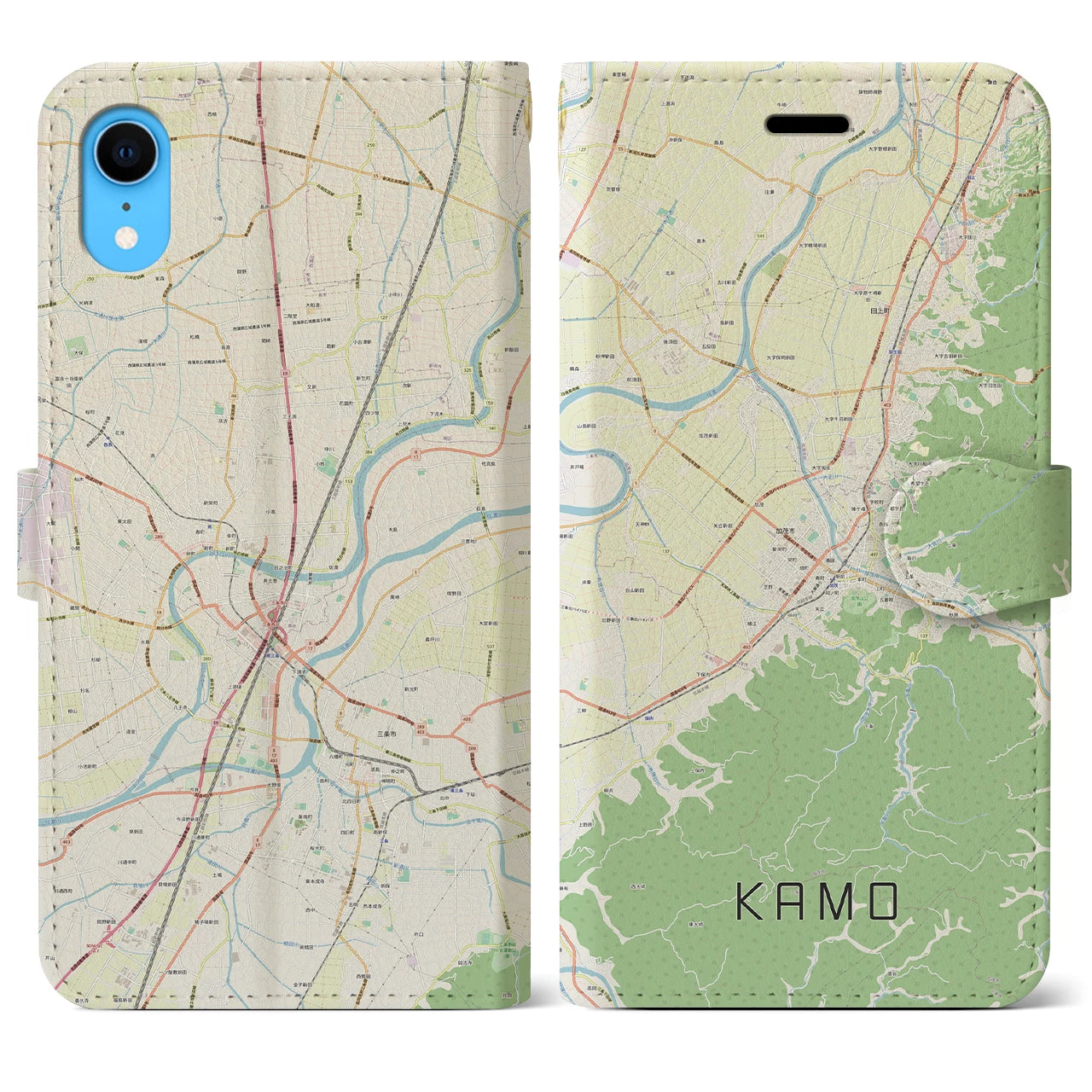 【加茂】地図柄iPhoneケース（手帳両面タイプ・ナチュラル）iPhone XR 用