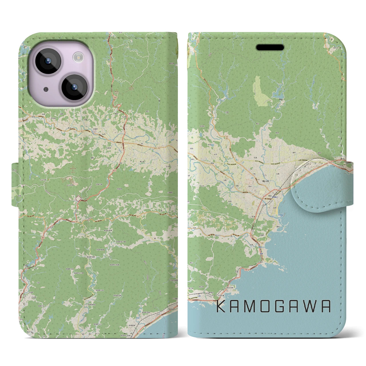 【鴨川】地図柄iPhoneケース（手帳両面タイプ・ナチュラル）iPhone 14 用