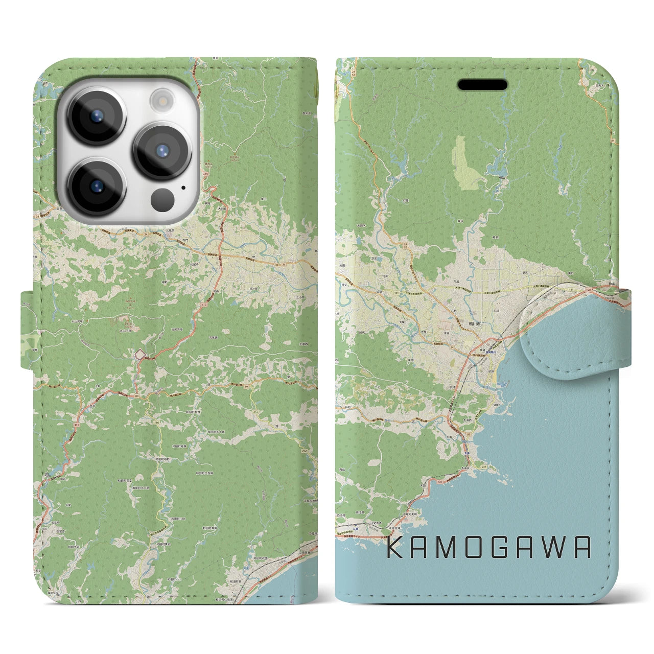 【鴨川】地図柄iPhoneケース（手帳両面タイプ・ナチュラル）iPhone 14 Pro 用