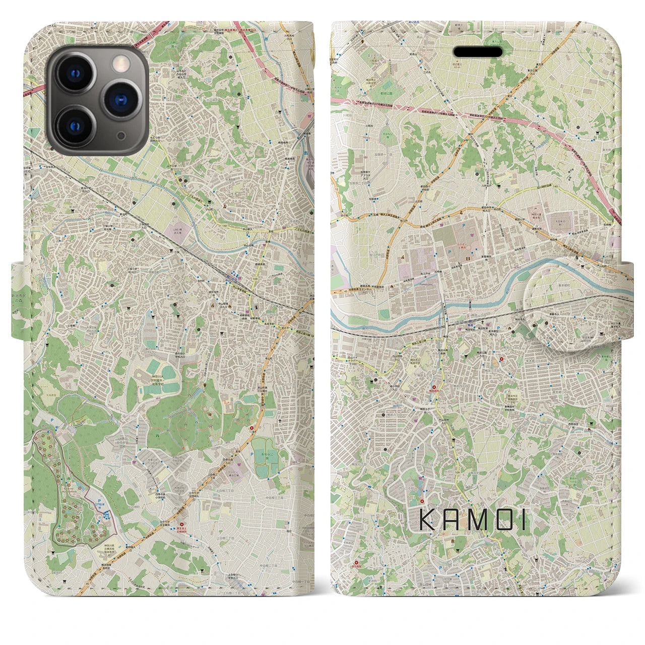 【鴨居】地図柄iPhoneケース（手帳両面タイプ・ナチュラル）iPhone 11 Pro Max 用
