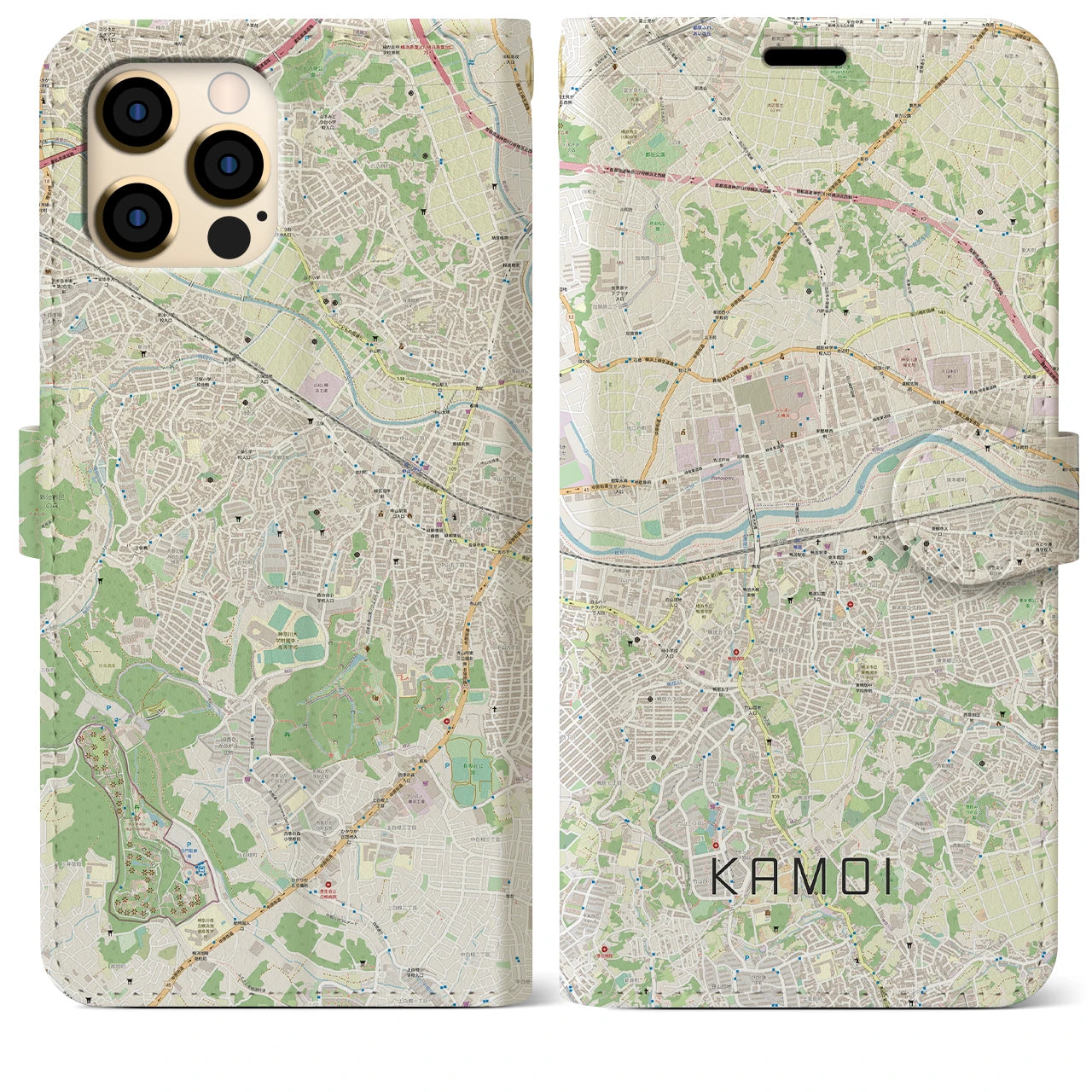 【鴨居】地図柄iPhoneケース（手帳両面タイプ・ナチュラル）iPhone 12 Pro Max 用
