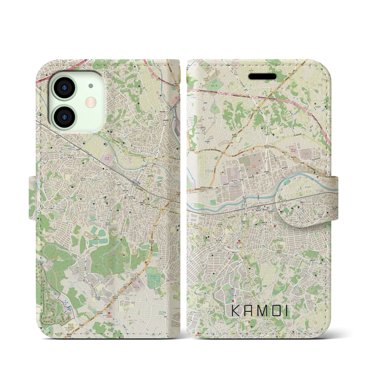 【鴨居】地図柄iPhoneケース（手帳両面タイプ・ナチュラル）iPhone 12 mini 用