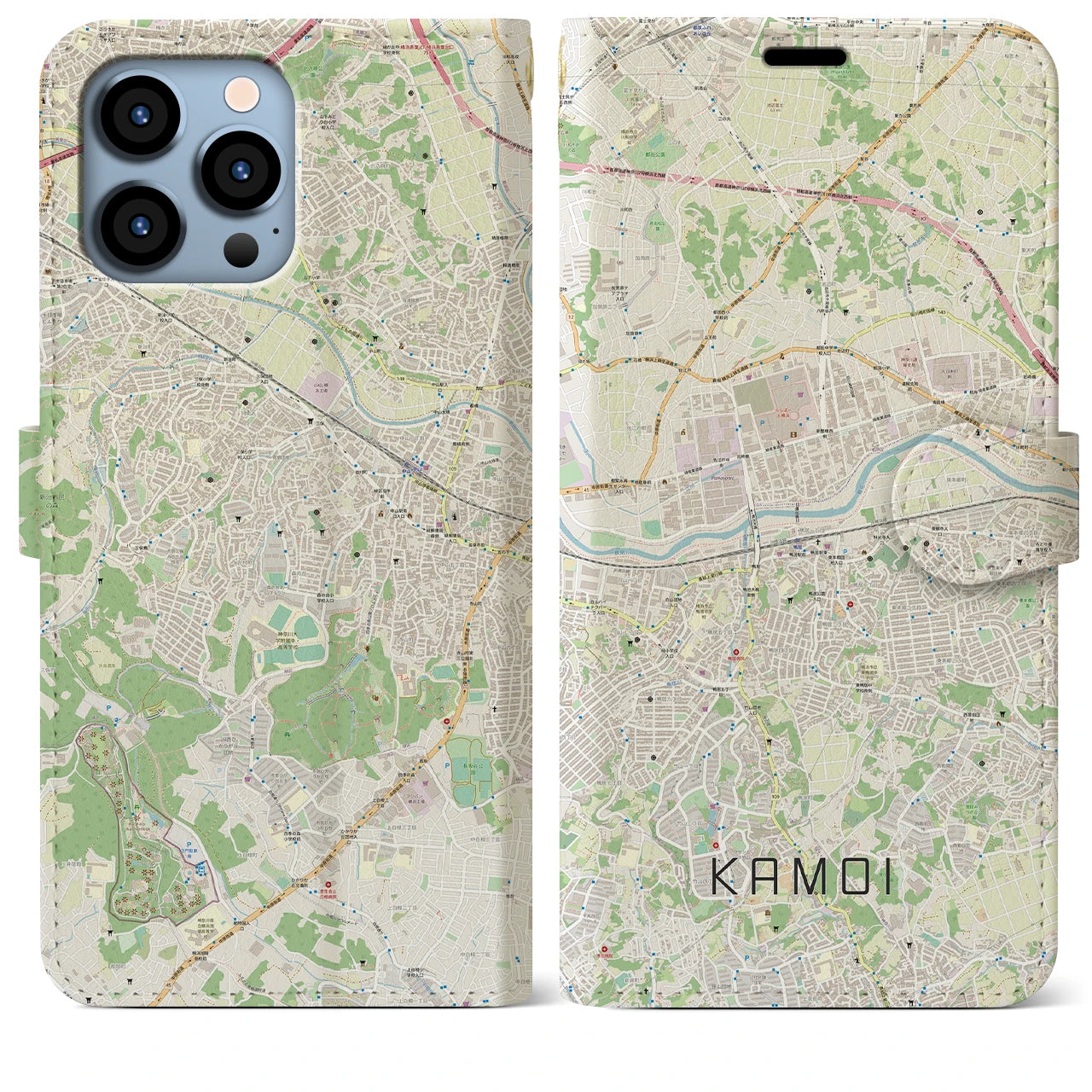 【鴨居】地図柄iPhoneケース（手帳両面タイプ・ナチュラル）iPhone 13 Pro Max 用
