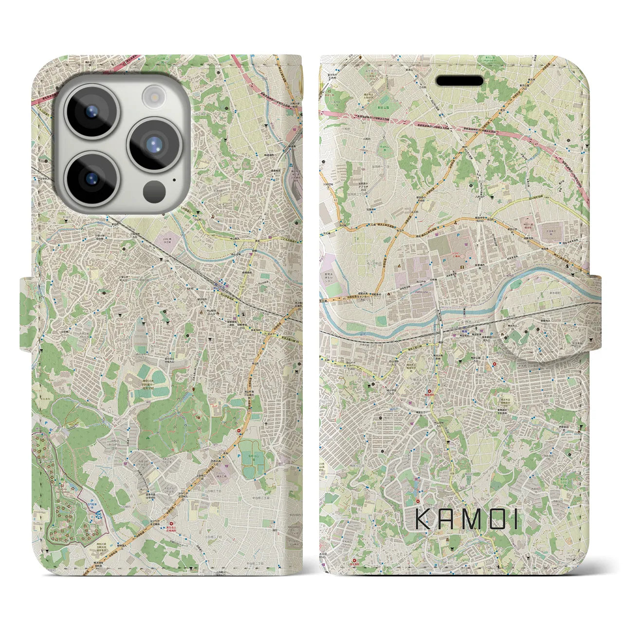 【鴨居】地図柄iPhoneケース（手帳両面タイプ・ナチュラル）iPhone 15 Pro 用