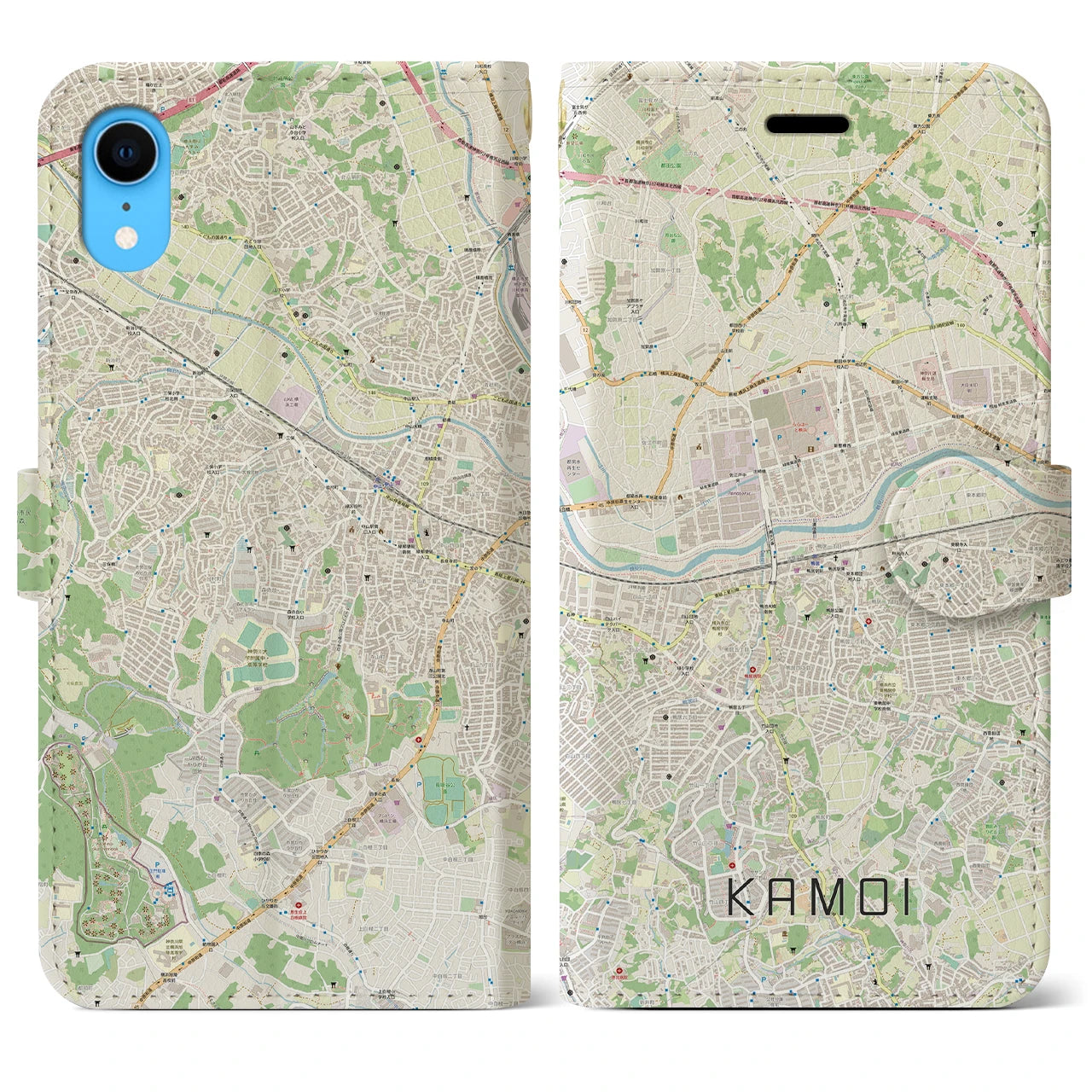 【鴨居】地図柄iPhoneケース（手帳両面タイプ・ナチュラル）iPhone XR 用