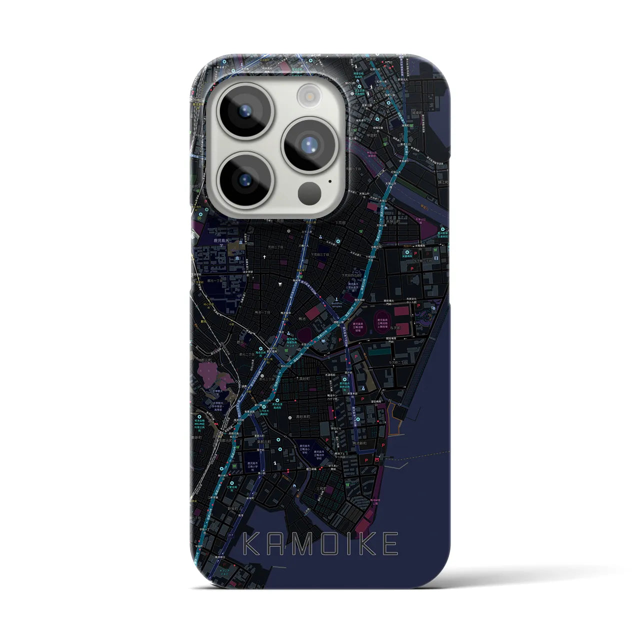 【鴨池】地図柄iPhoneケース（バックカバータイプ・ブラック）iPhone 15 Pro 用