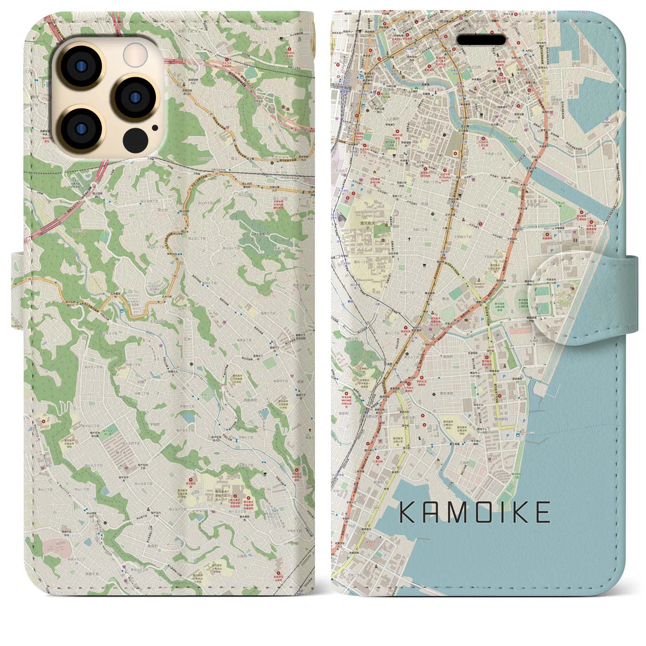 【鴨池】地図柄iPhoneケース（手帳両面タイプ・ナチュラル）iPhone 12 Pro Max 用