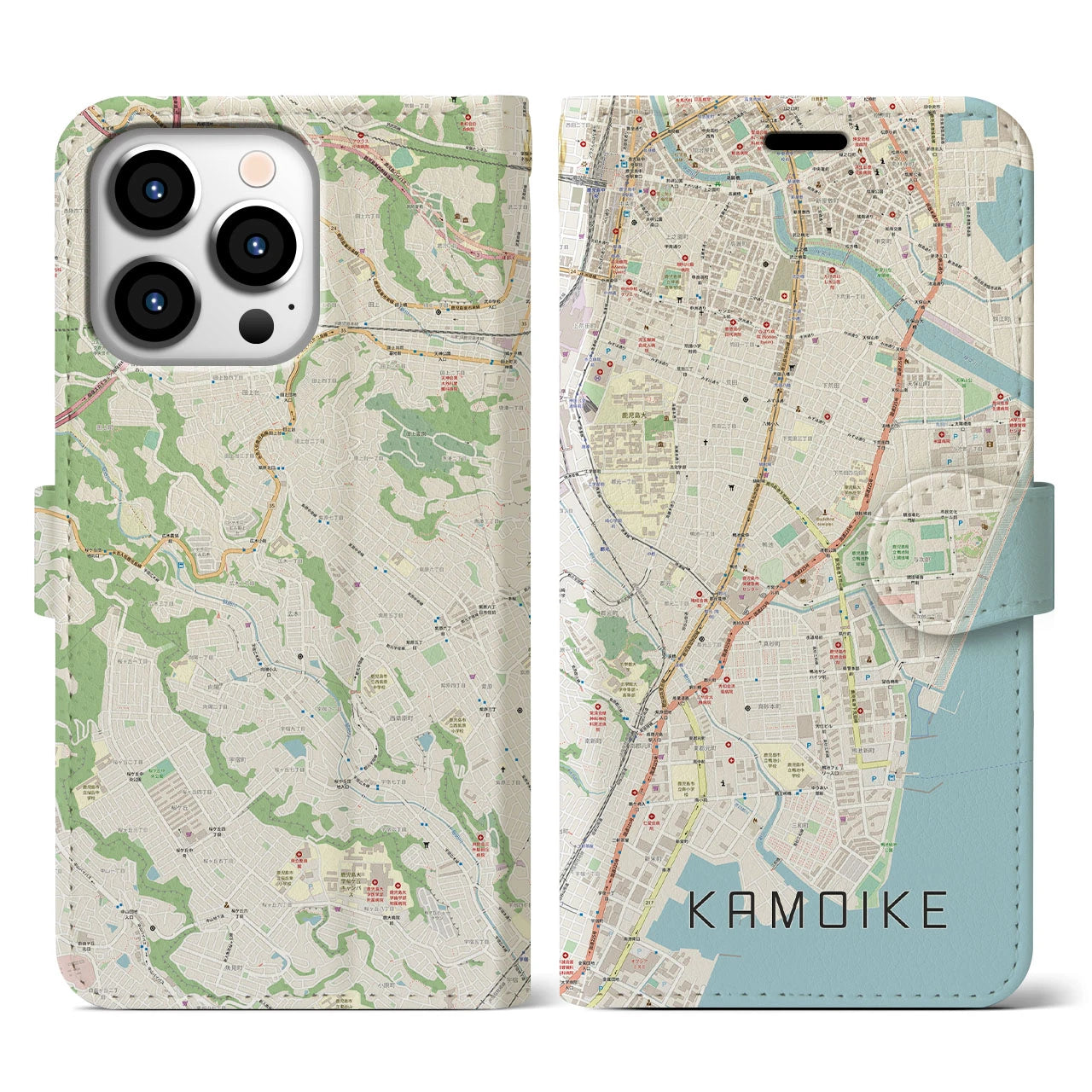 【鴨池】地図柄iPhoneケース（手帳両面タイプ・ナチュラル）iPhone 13 Pro 用
