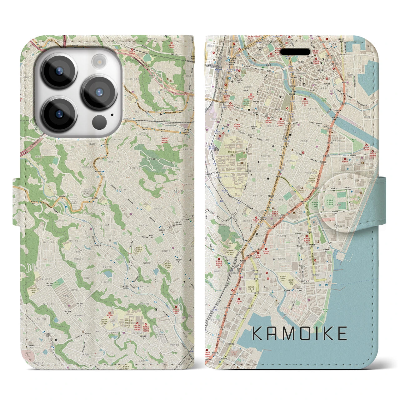 【鴨池】地図柄iPhoneケース（手帳両面タイプ・ナチュラル）iPhone 14 Pro 用