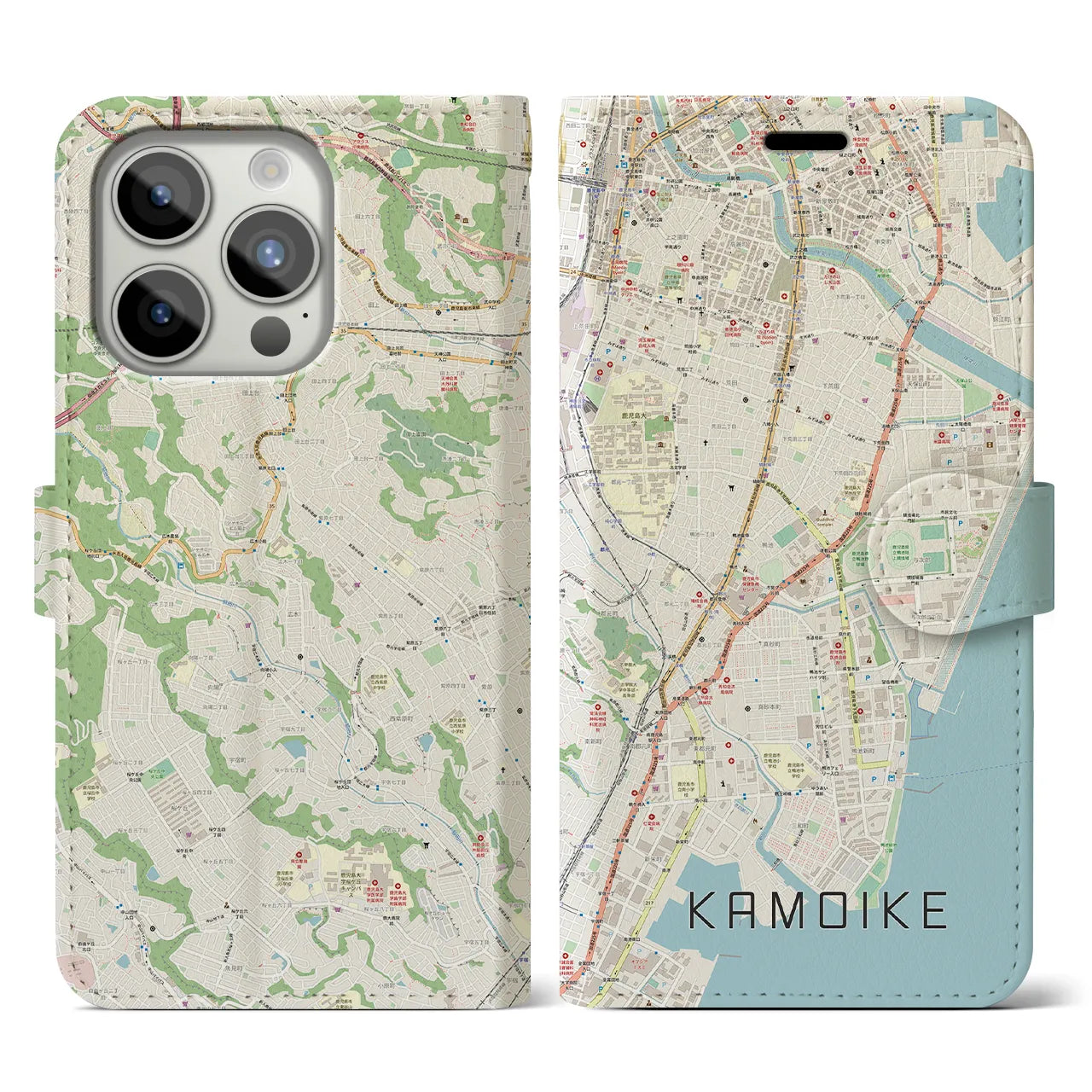 【鴨池】地図柄iPhoneケース（手帳両面タイプ・ナチュラル）iPhone 15 Pro 用