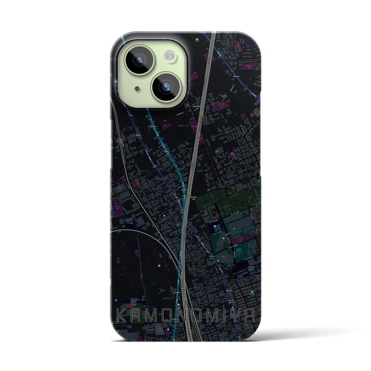【加茂宮】地図柄iPhoneケース（バックカバータイプ・ブラック）iPhone 15 用