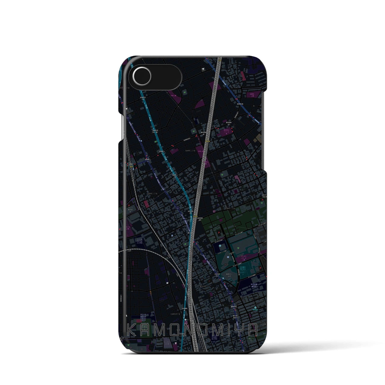 【加茂宮】地図柄iPhoneケース（バックカバータイプ・ブラック）iPhone SE（第3 / 第2世代） / 8 / 7 / 6s / 6 用
