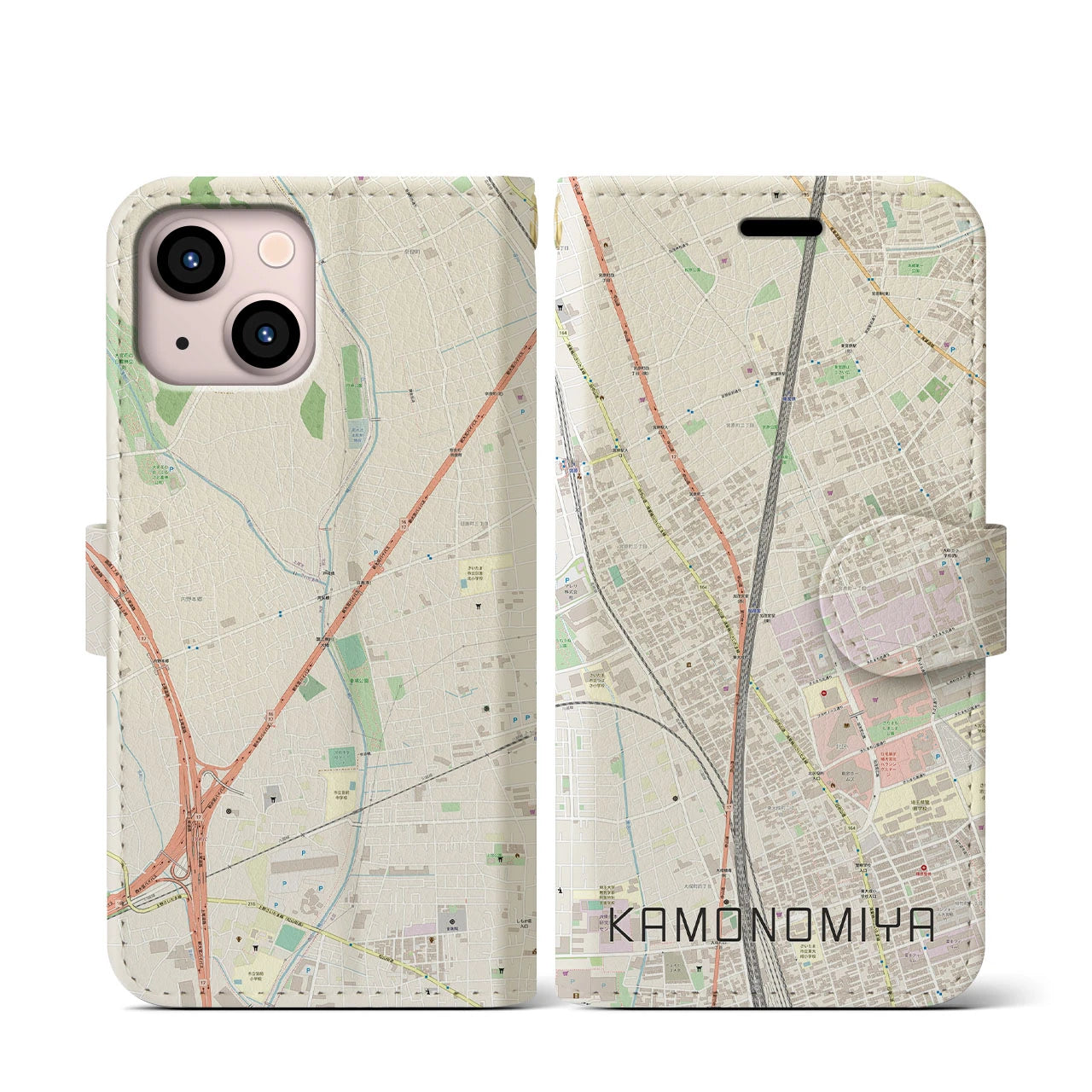 【加茂宮】地図柄iPhoneケース（手帳両面タイプ・ナチュラル）iPhone 13 mini 用
