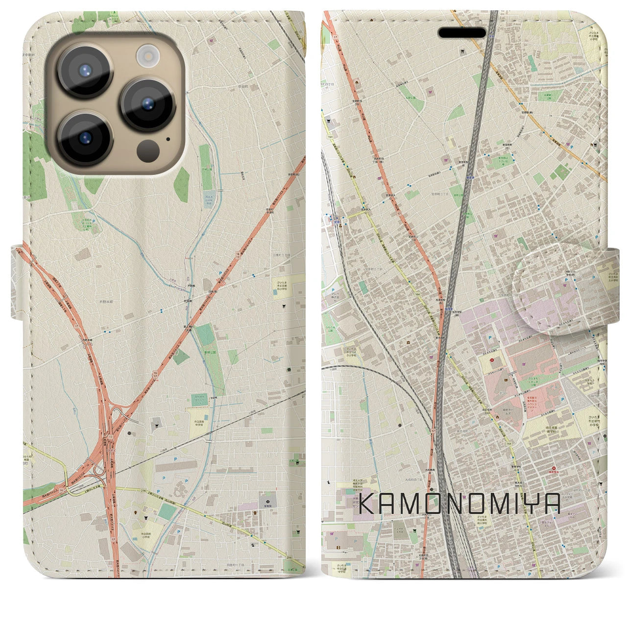 【加茂宮】地図柄iPhoneケース（手帳両面タイプ・ナチュラル）iPhone 14 Pro Max 用