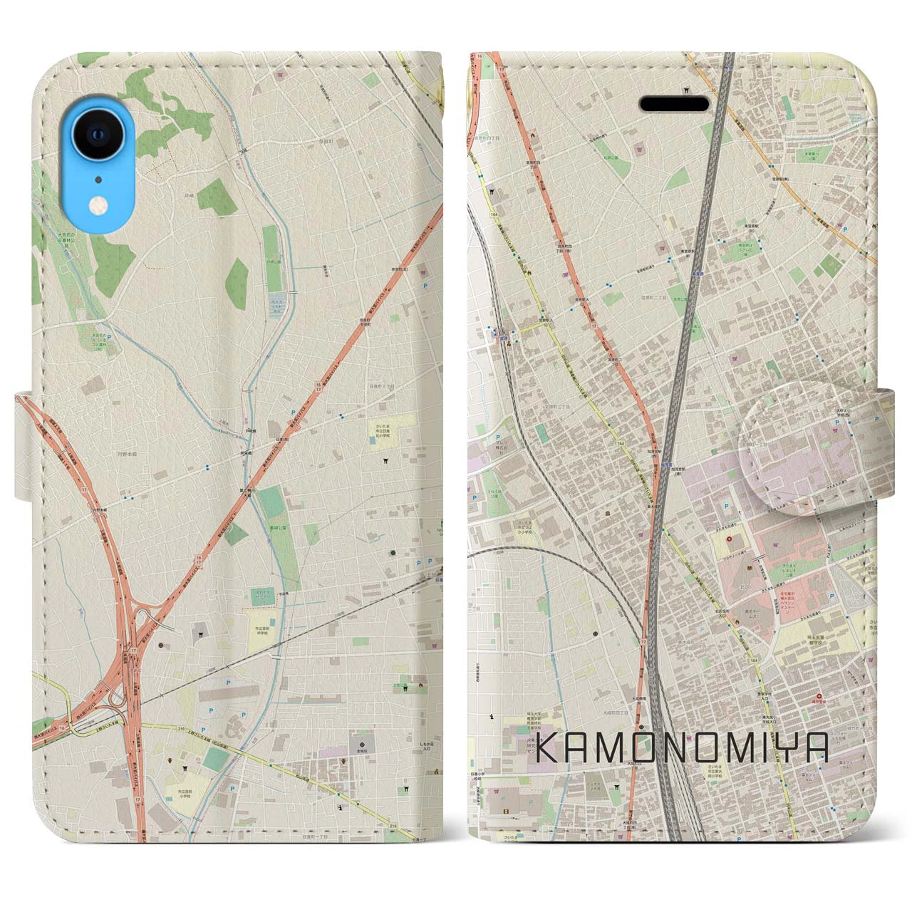 【加茂宮】地図柄iPhoneケース（手帳両面タイプ・ナチュラル）iPhone XR 用