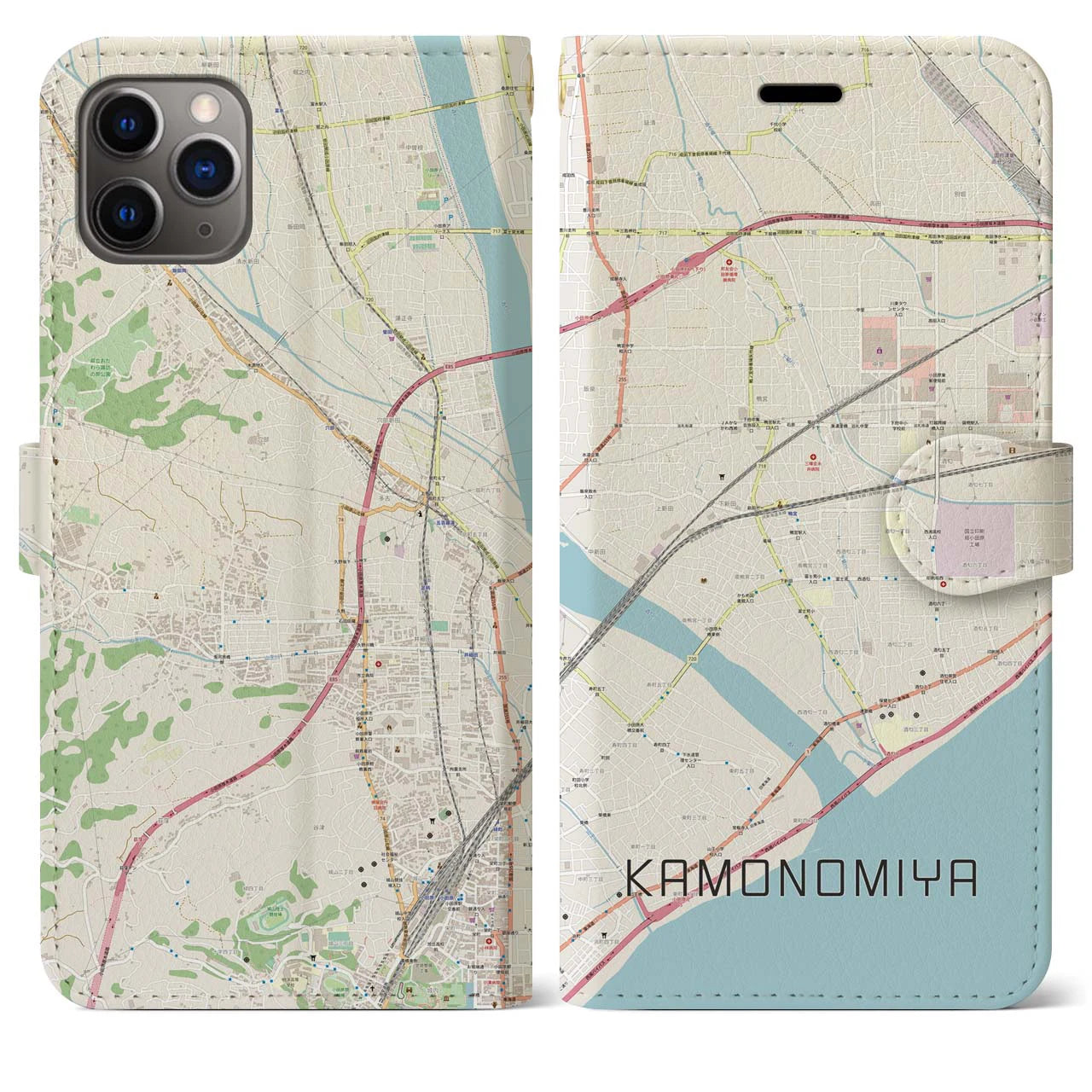 【鴨宮】地図柄iPhoneケース（手帳両面タイプ・ナチュラル）iPhone 11 Pro Max 用