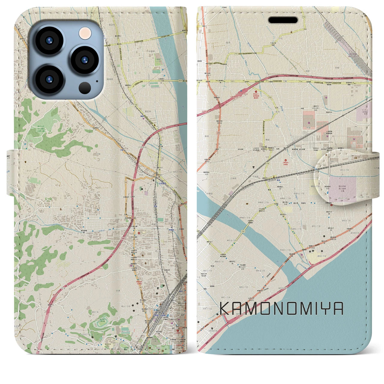 【鴨宮】地図柄iPhoneケース（手帳両面タイプ・ナチュラル）iPhone 13 Pro Max 用