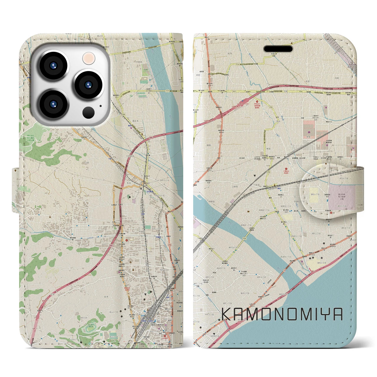 【鴨宮】地図柄iPhoneケース（手帳両面タイプ・ナチュラル）iPhone 13 Pro 用