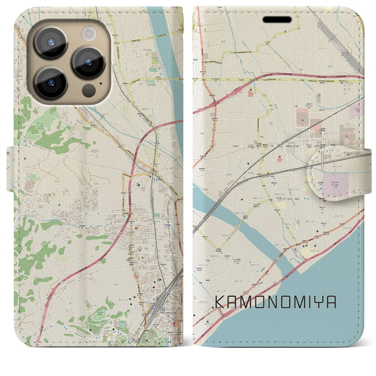 【鴨宮】地図柄iPhoneケース（手帳両面タイプ・ナチュラル）iPhone 14 Pro Max 用