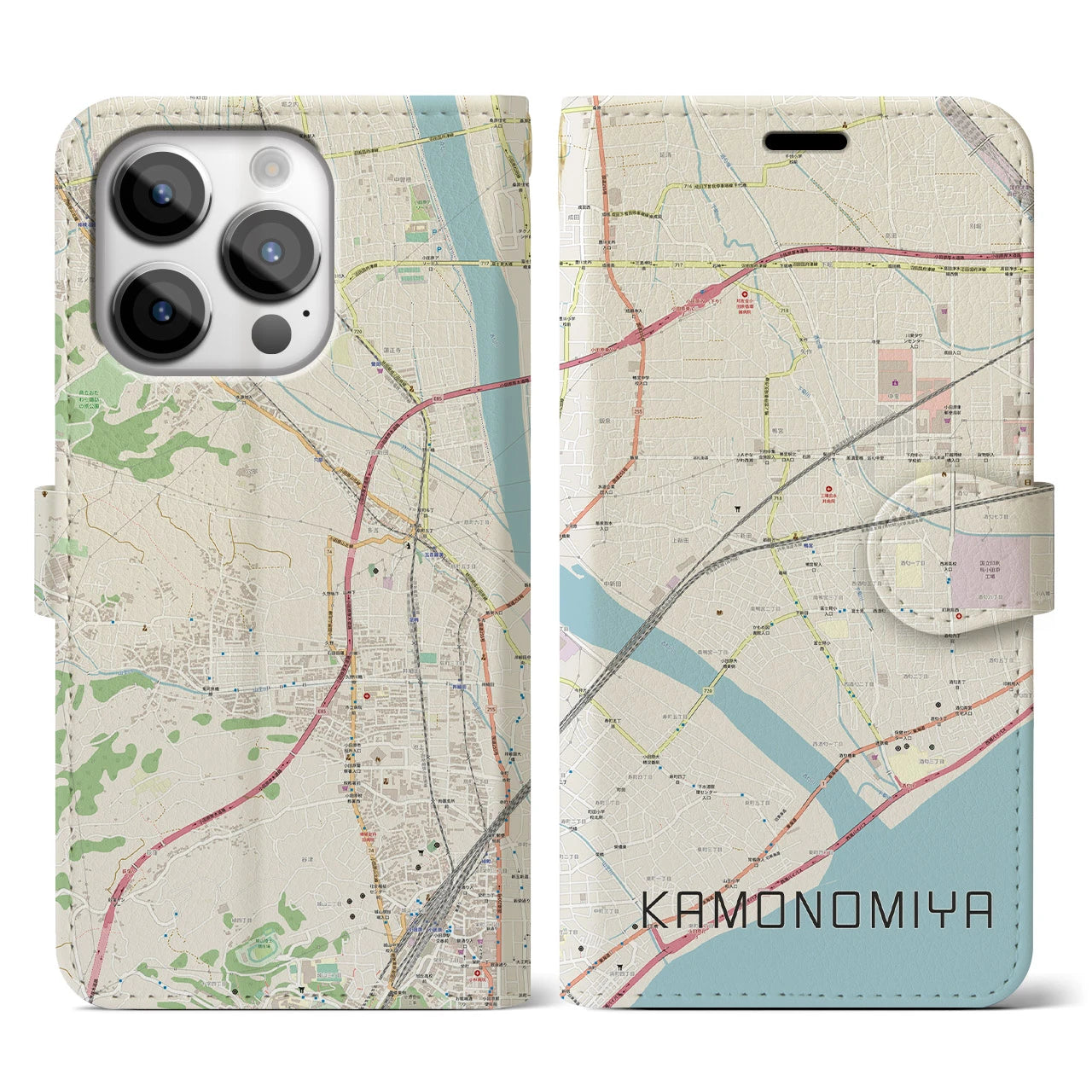 【鴨宮】地図柄iPhoneケース（手帳両面タイプ・ナチュラル）iPhone 14 Pro 用