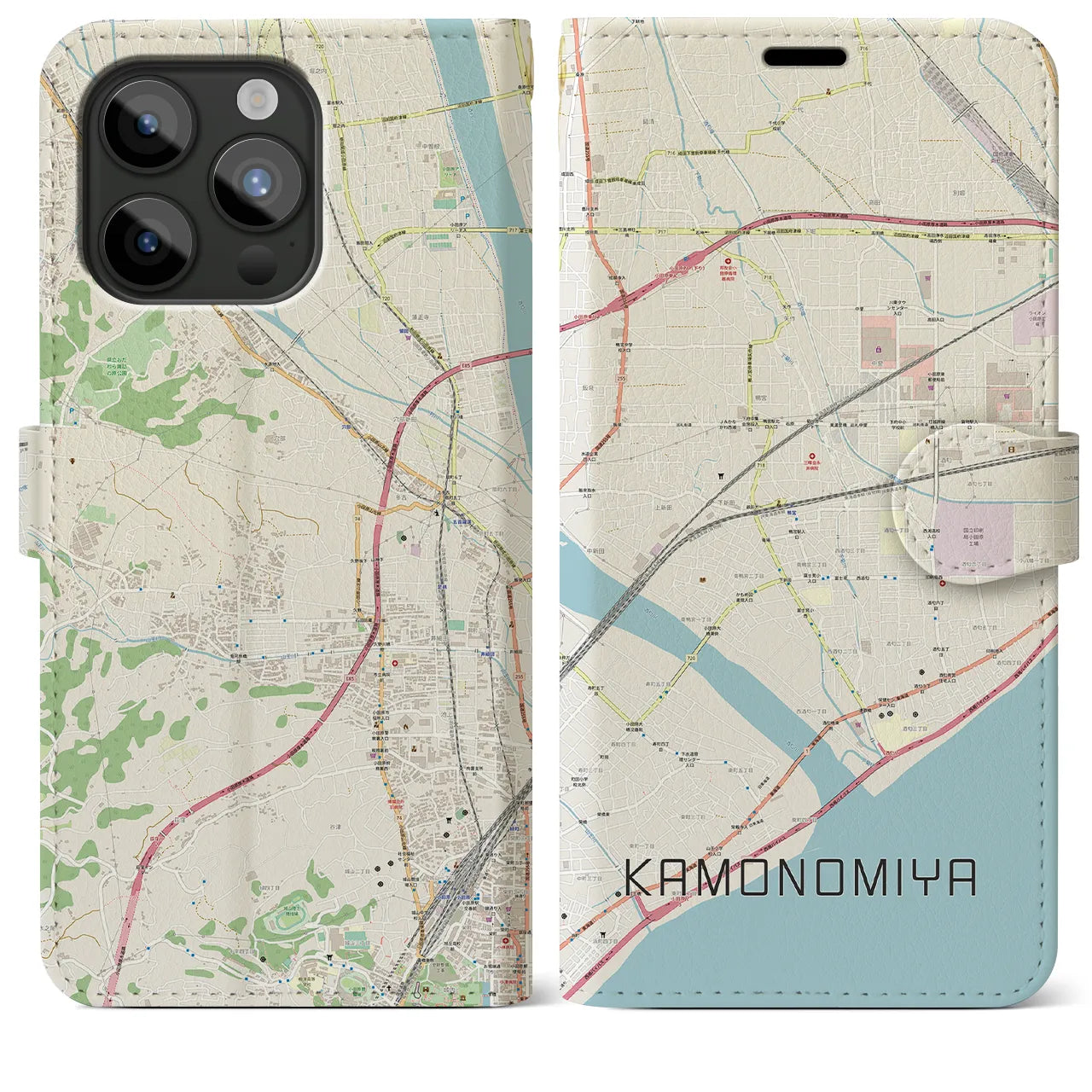 【鴨宮】地図柄iPhoneケース（手帳両面タイプ・ナチュラル）iPhone 15 Pro Max 用