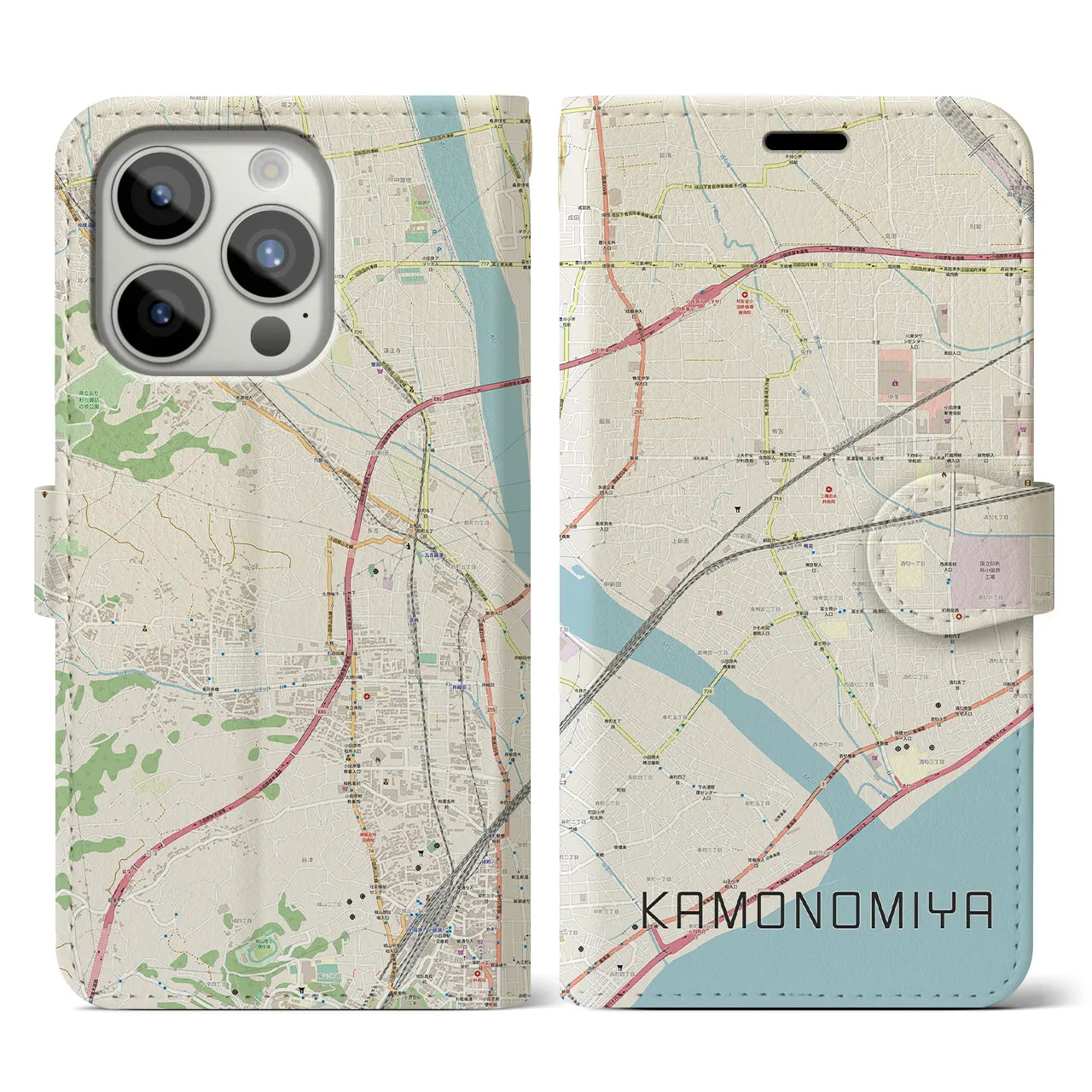 【鴨宮】地図柄iPhoneケース（手帳両面タイプ・ナチュラル）iPhone 15 Pro 用