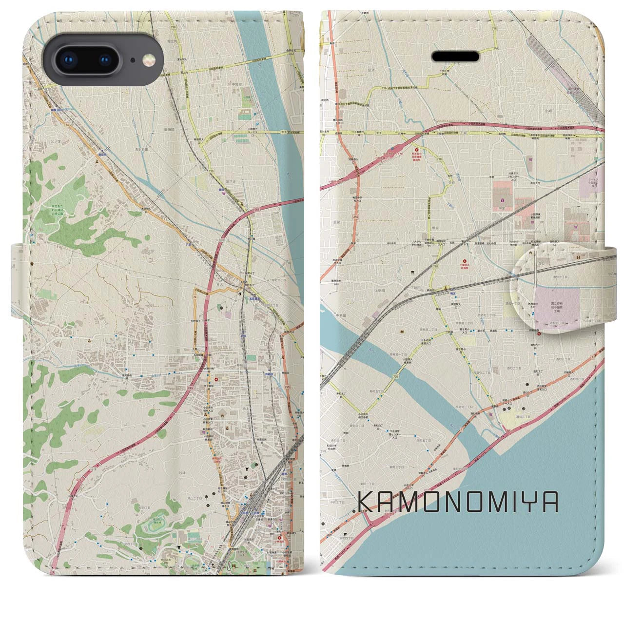 【鴨宮】地図柄iPhoneケース（手帳両面タイプ・ナチュラル）iPhone 8Plus /7Plus / 6sPlus / 6Plus 用