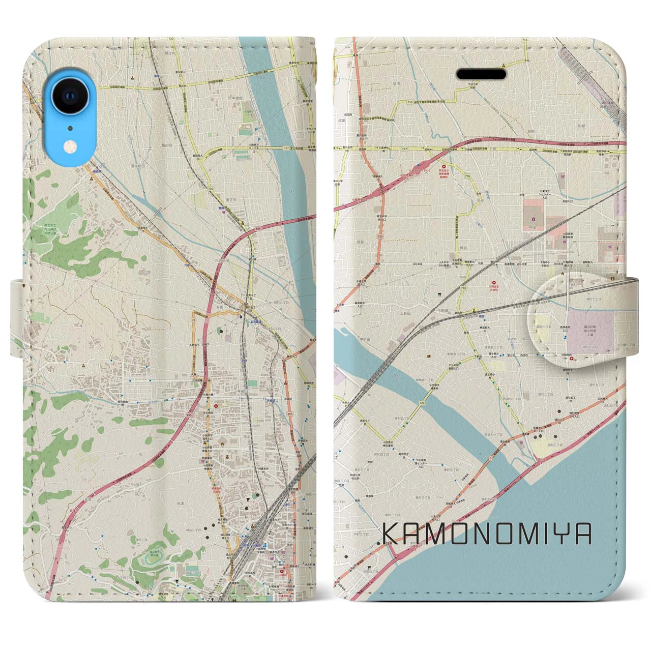 【鴨宮】地図柄iPhoneケース（手帳両面タイプ・ナチュラル）iPhone XR 用
