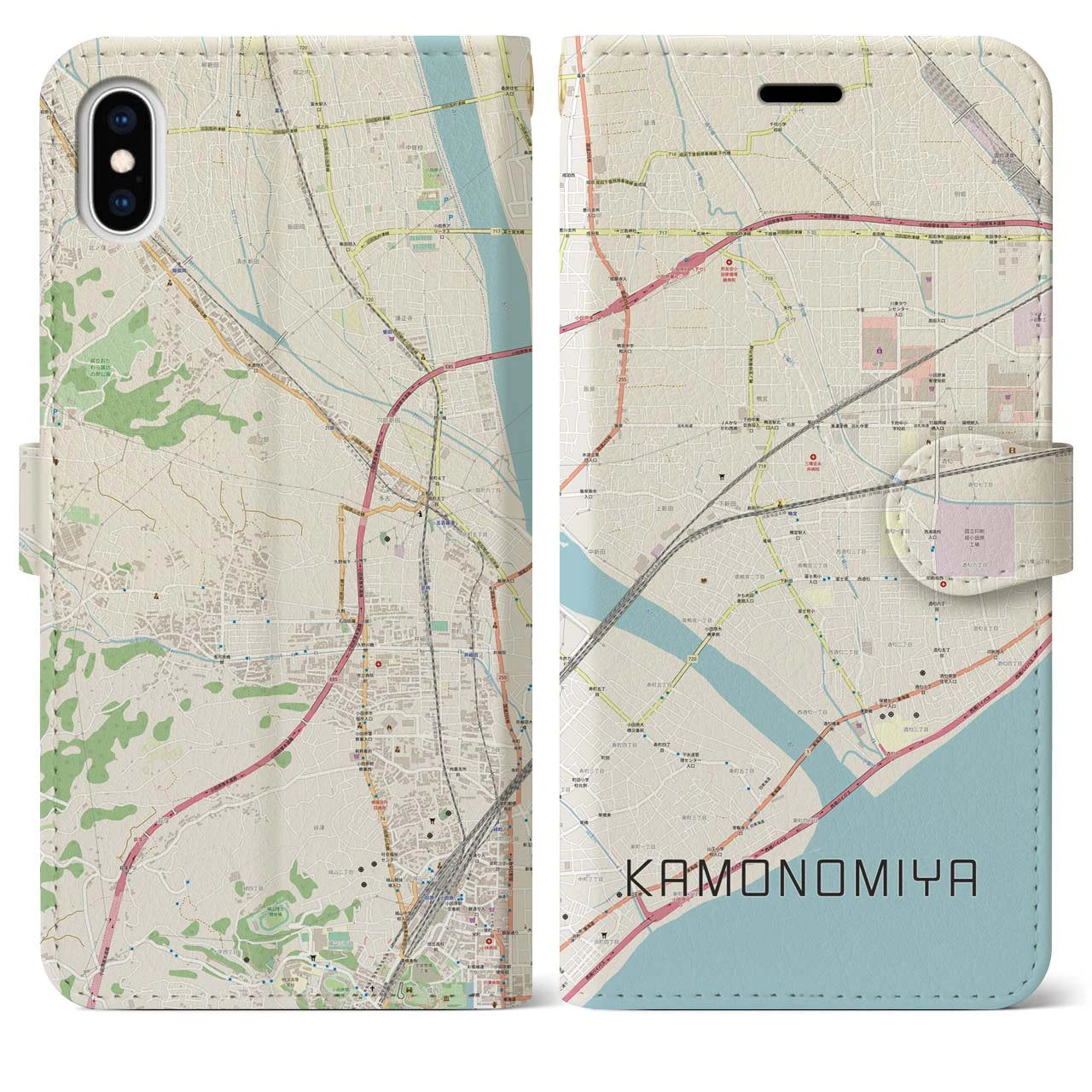 【鴨宮】地図柄iPhoneケース（手帳両面タイプ・ナチュラル）iPhone XS Max 用