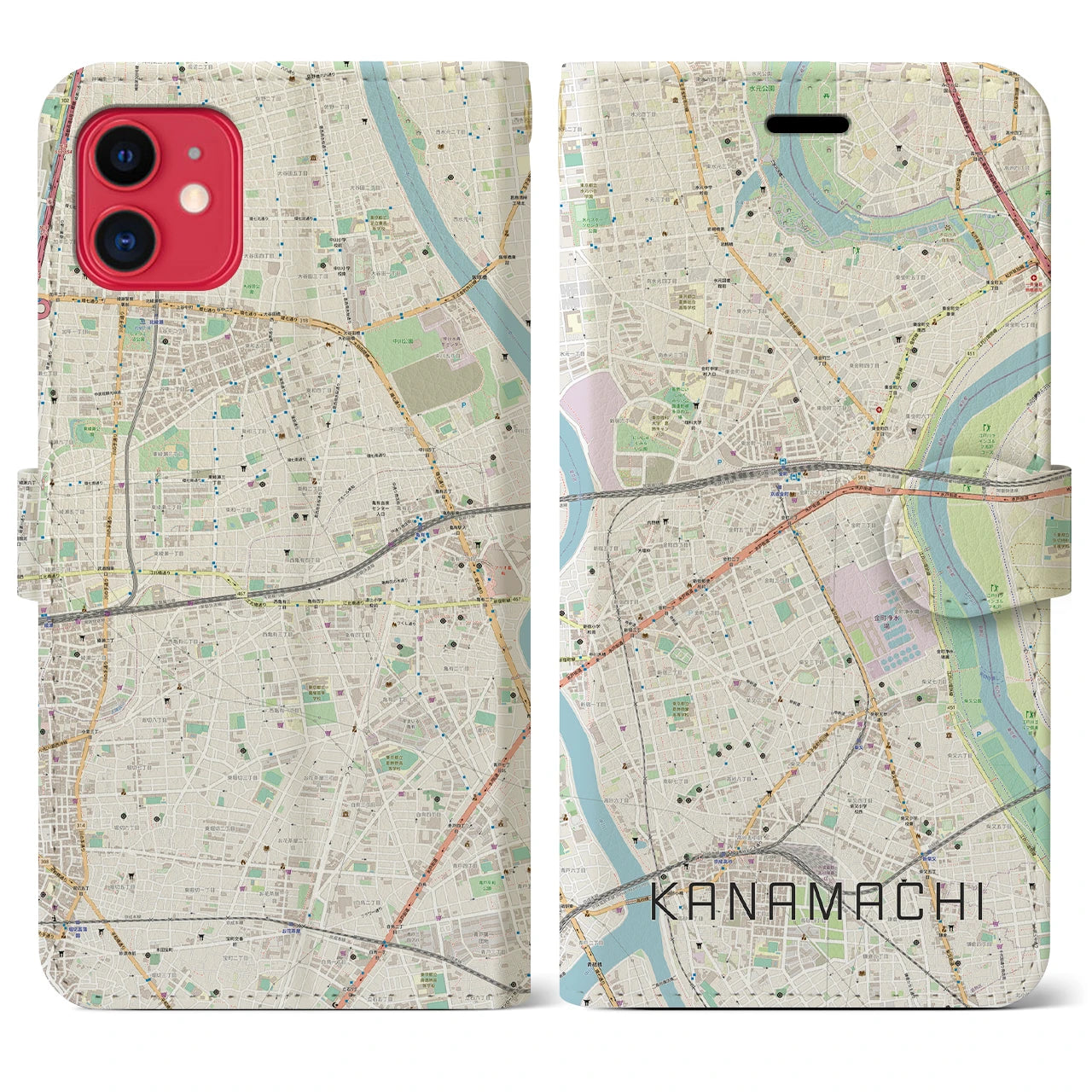 【金町】地図柄iPhoneケース（手帳両面タイプ・ナチュラル）iPhone 11 用