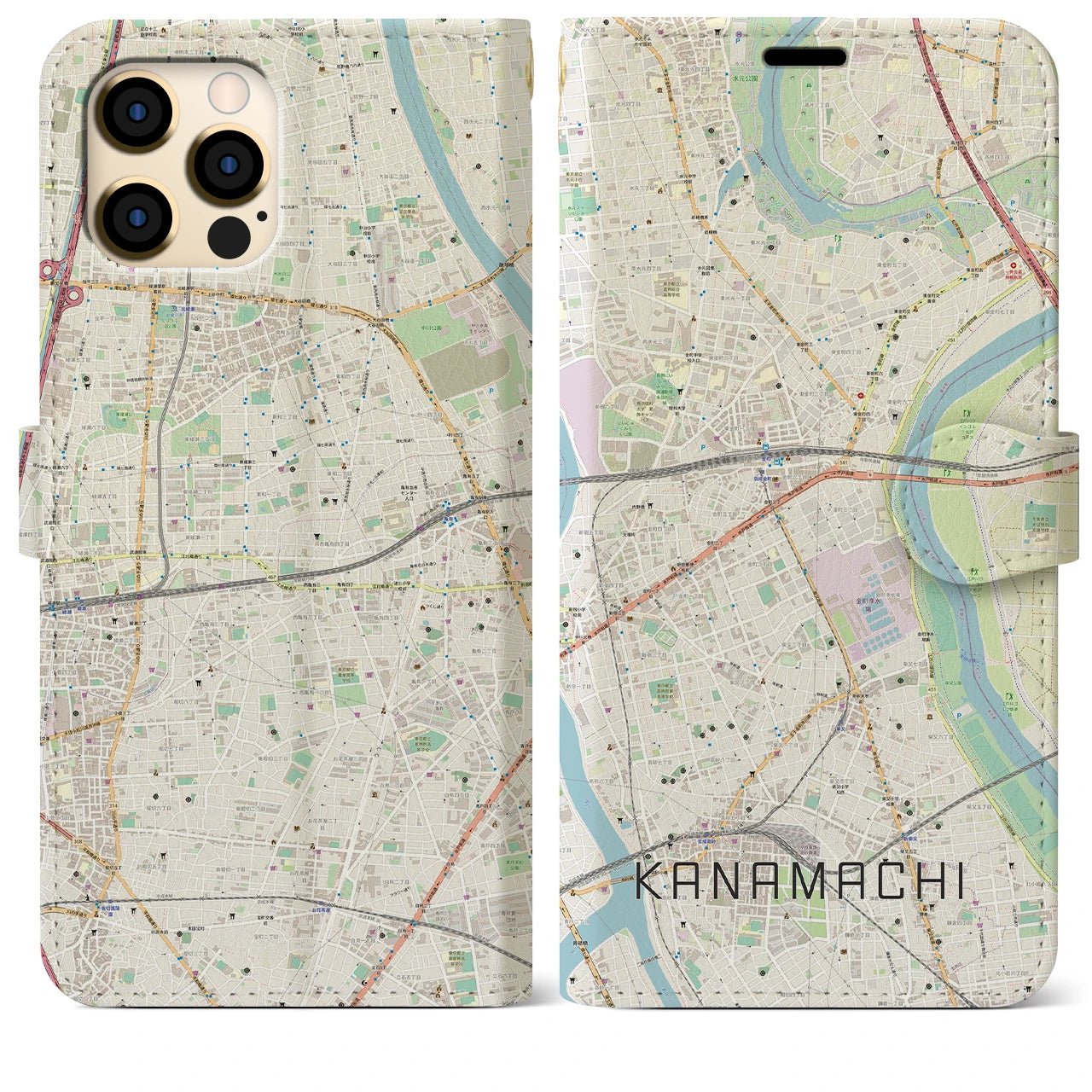 【金町】地図柄iPhoneケース（手帳両面タイプ・ナチュラル）iPhone 12 Pro Max 用