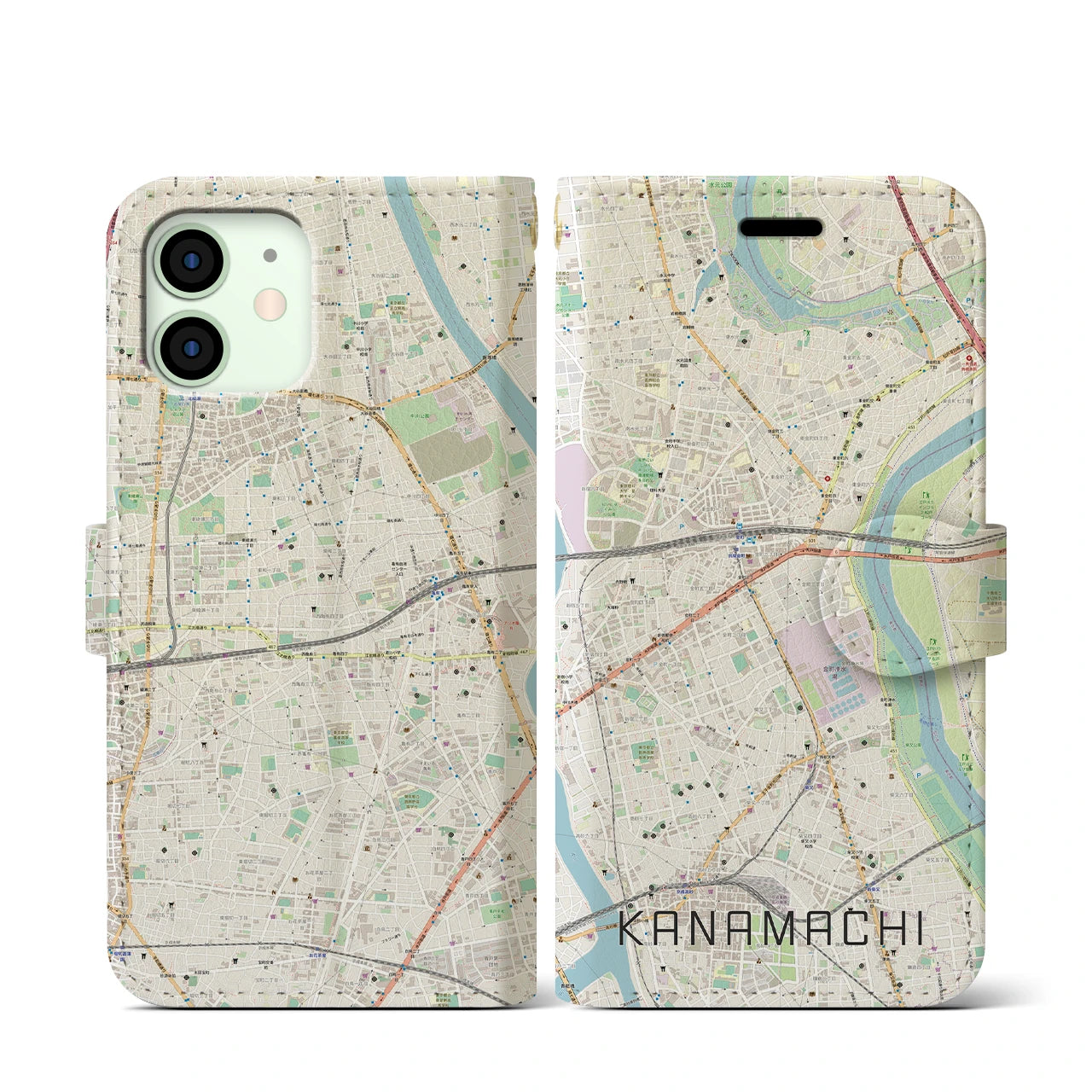 【金町】地図柄iPhoneケース（手帳両面タイプ・ナチュラル）iPhone 12 mini 用