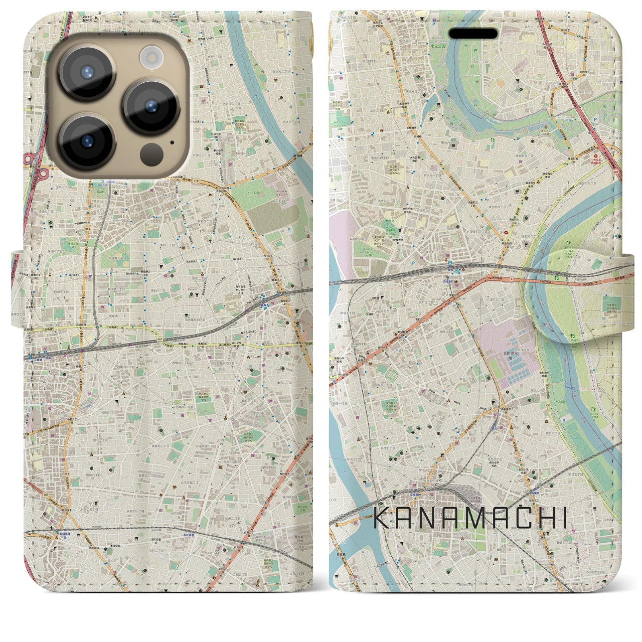 【金町】地図柄iPhoneケース（手帳両面タイプ・ナチュラル）iPhone 14 Pro Max 用