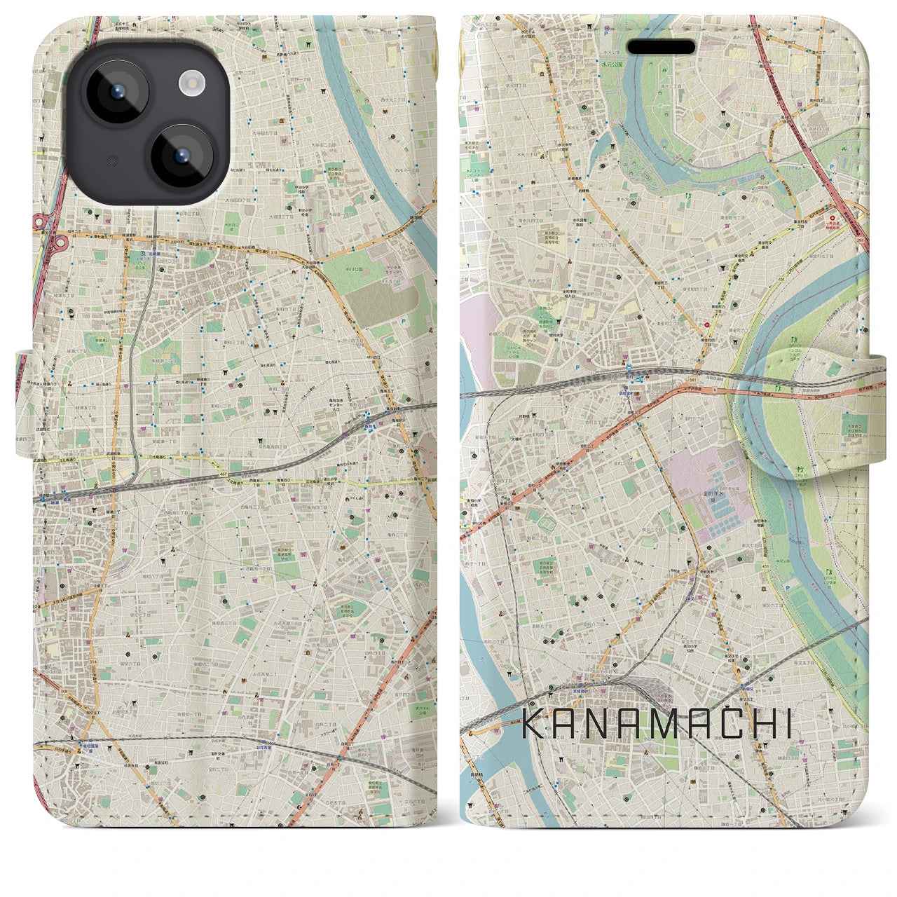 【金町】地図柄iPhoneケース（手帳両面タイプ・ナチュラル）iPhone 14 Plus 用