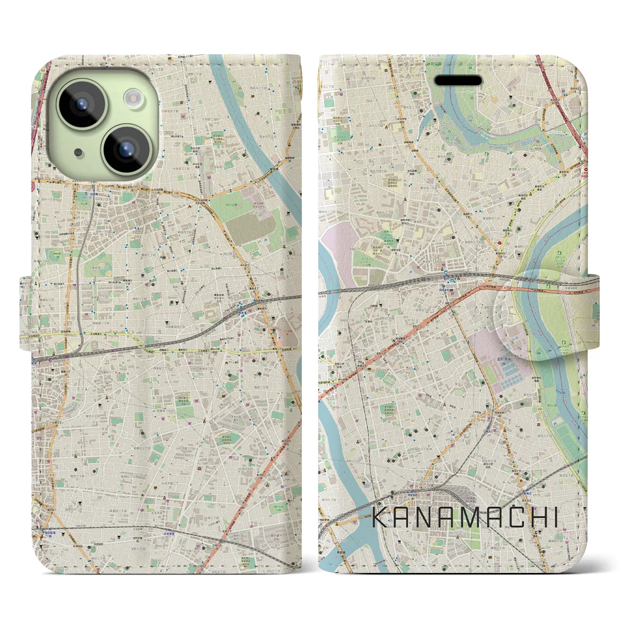 【金町】地図柄iPhoneケース（手帳両面タイプ・ナチュラル）iPhone 15 用