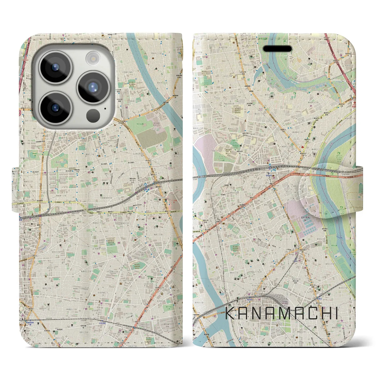 【金町】地図柄iPhoneケース（手帳両面タイプ・ナチュラル）iPhone 15 Pro 用