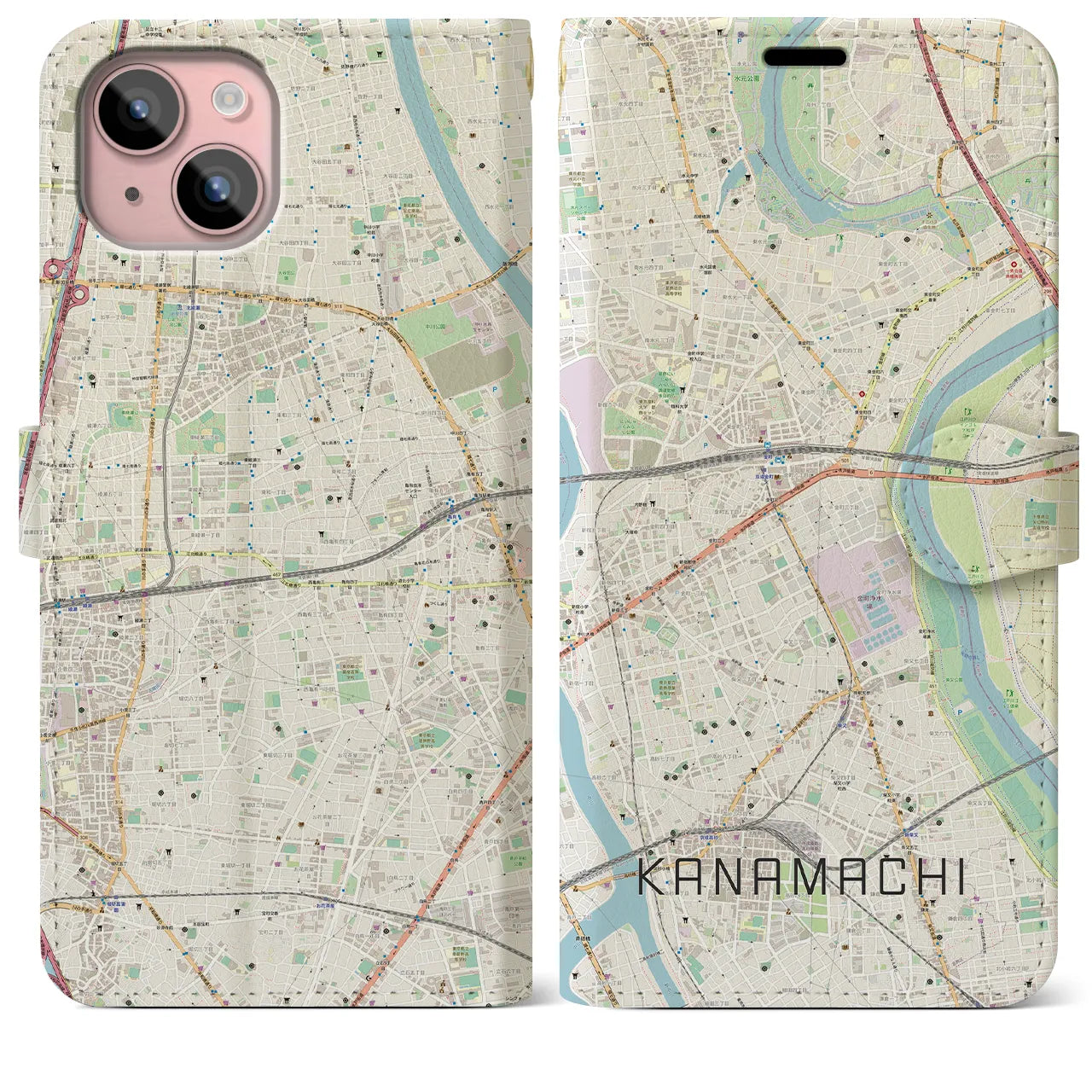 【金町】地図柄iPhoneケース（手帳両面タイプ・ナチュラル）iPhone 15 Plus 用