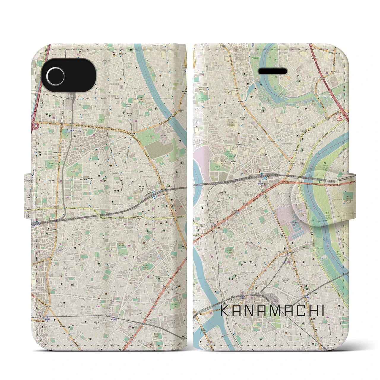 【金町】地図柄iPhoneケース（手帳両面タイプ・ナチュラル）iPhone SE（第3 / 第2世代） / 8 / 7 / 6s / 6 用