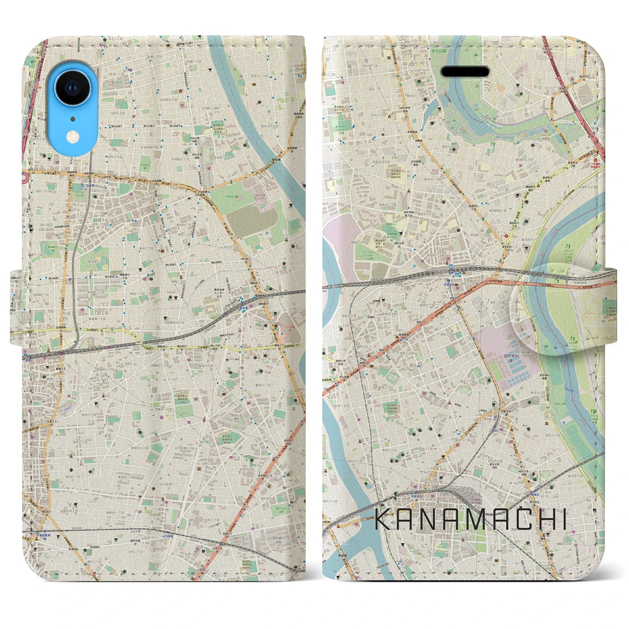 【金町】地図柄iPhoneケース（手帳両面タイプ・ナチュラル）iPhone XR 用