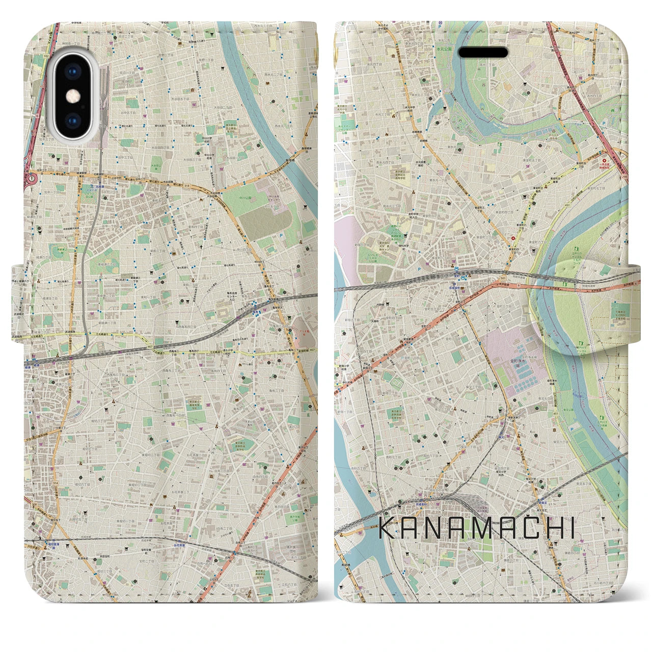 【金町】地図柄iPhoneケース（手帳両面タイプ・ナチュラル）iPhone XS Max 用