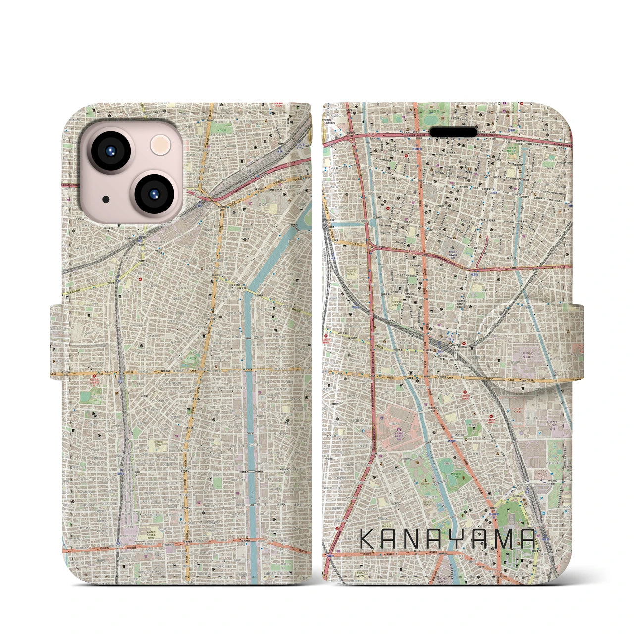 【金山】地図柄iPhoneケース（手帳両面タイプ・ナチュラル）iPhone 13 mini 用