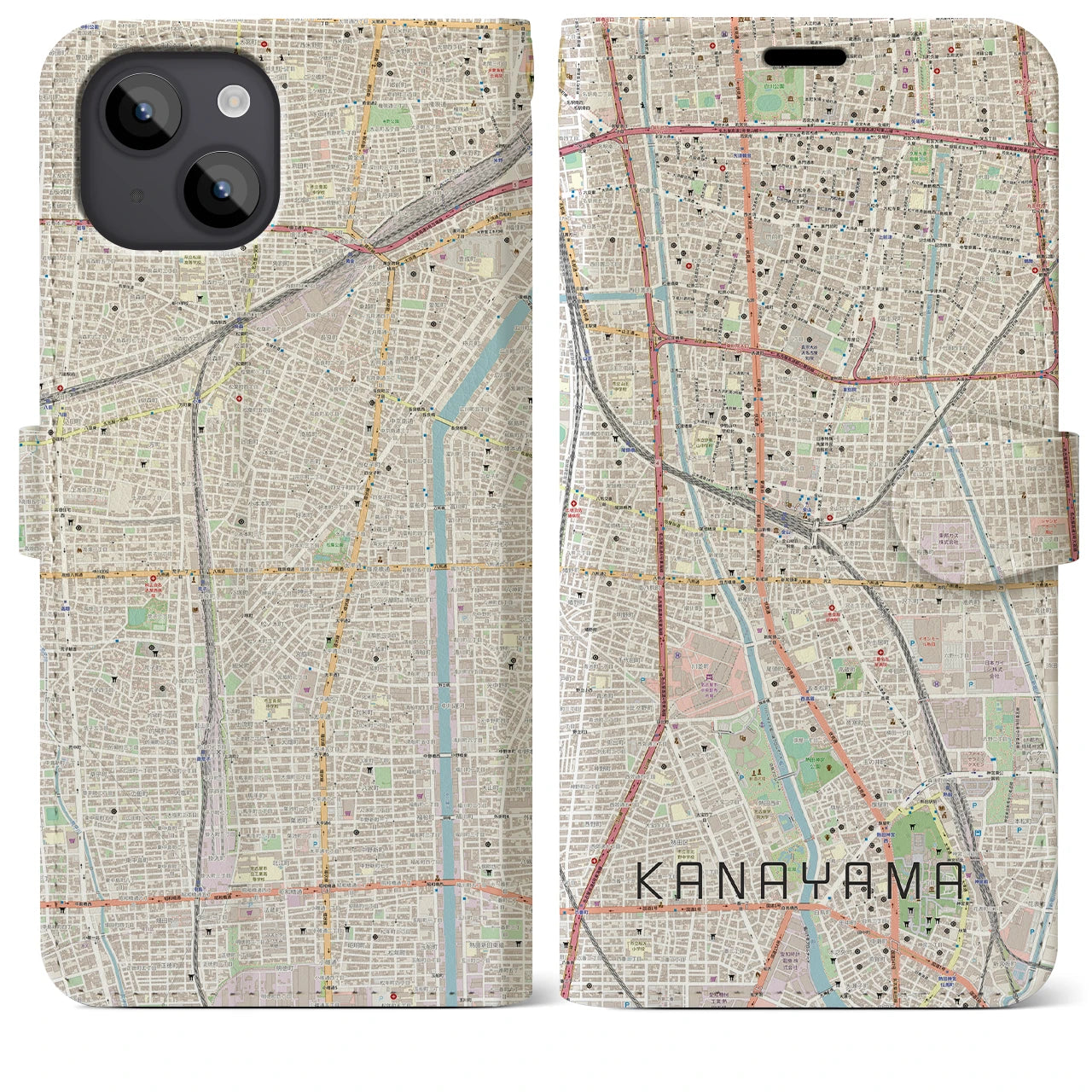 【金山】地図柄iPhoneケース（手帳両面タイプ・ナチュラル）iPhone 14 Plus 用