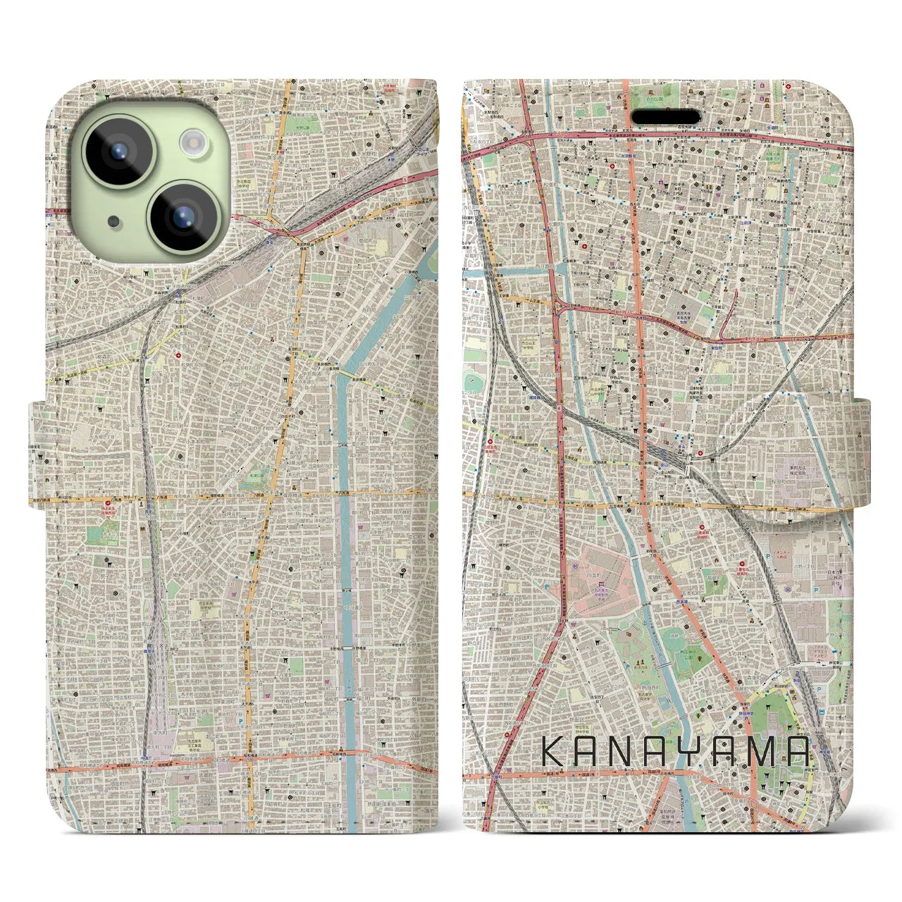 【金山】地図柄iPhoneケース（手帳両面タイプ・ナチュラル）iPhone 15 用