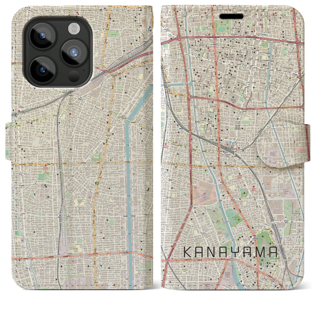 【金山】地図柄iPhoneケース（手帳両面タイプ・ナチュラル）iPhone 15 Pro Max 用