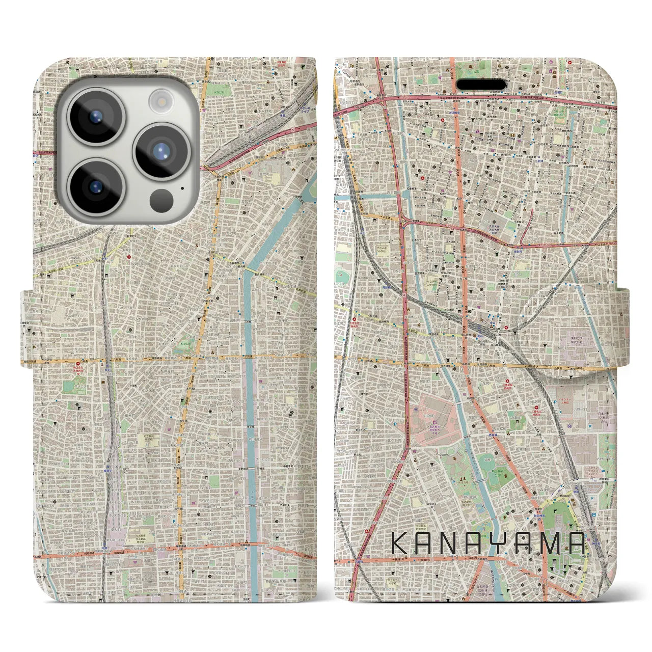 【金山】地図柄iPhoneケース（手帳両面タイプ・ナチュラル）iPhone 15 Pro 用