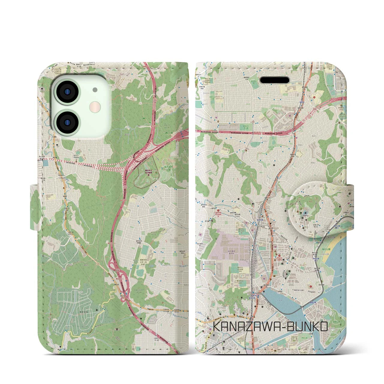 【金沢文庫】地図柄iPhoneケース（手帳両面タイプ・ナチュラル）iPhone 12 mini 用