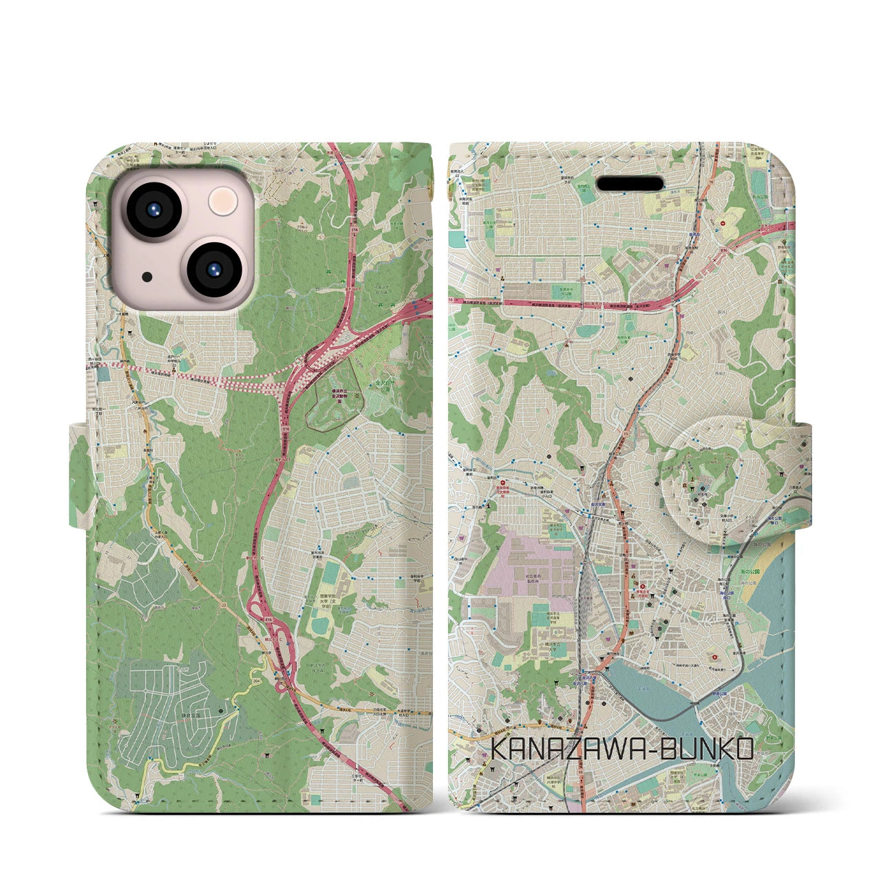 【金沢文庫】地図柄iPhoneケース（手帳両面タイプ・ナチュラル）iPhone 13 mini 用