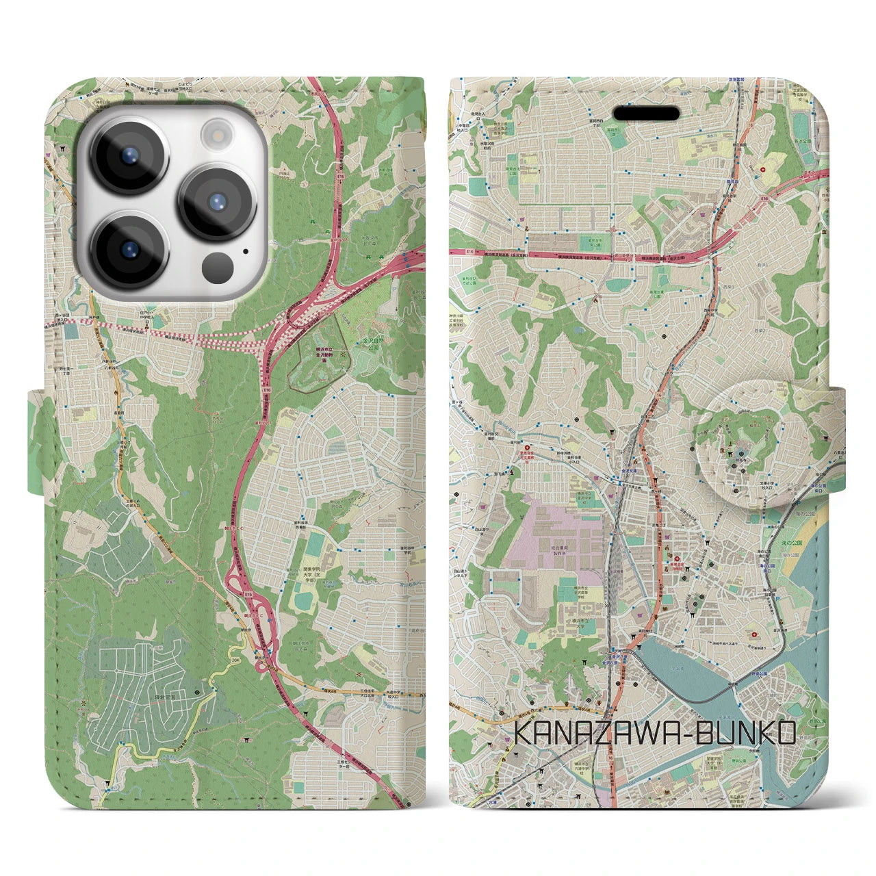 【金沢文庫】地図柄iPhoneケース（手帳両面タイプ・ナチュラル）iPhone 14 Pro 用