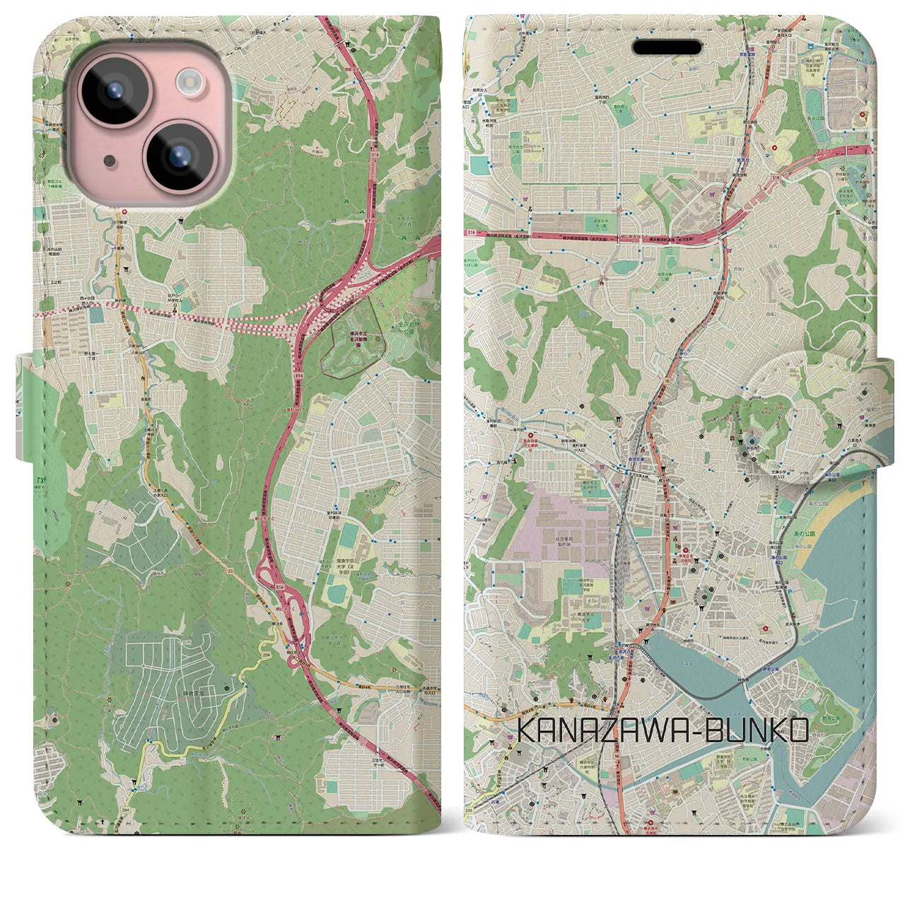 【金沢文庫】地図柄iPhoneケース（手帳両面タイプ・ナチュラル）iPhone 15 Plus 用