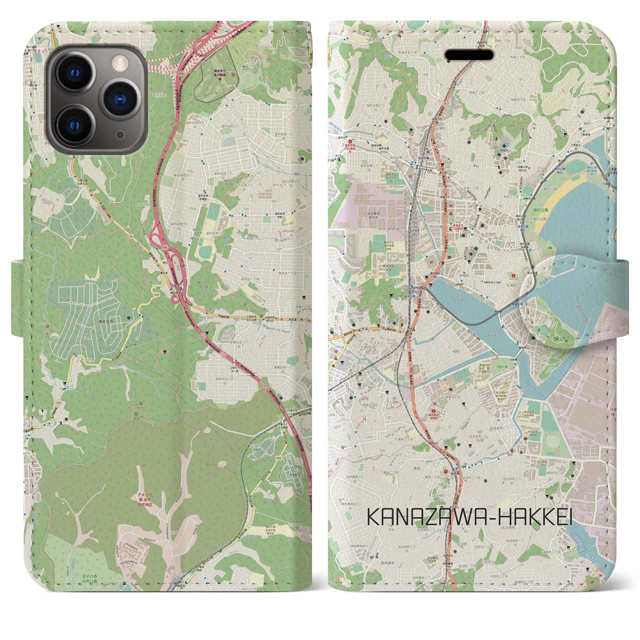 【金沢八景】地図柄iPhoneケース（手帳両面タイプ・ナチュラル）iPhone 11 Pro Max 用